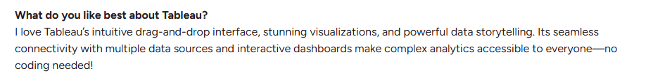 Tableau user review highlighting intuitive drag-and-drop dashboards and data storytelling