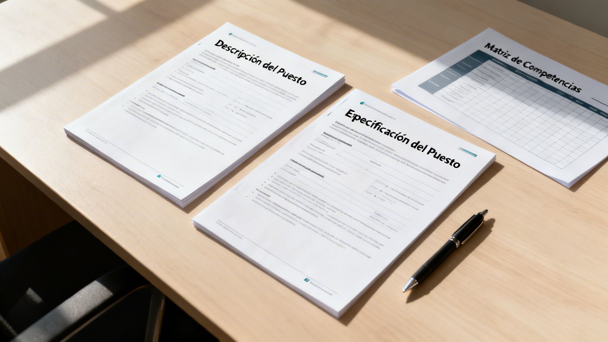 Documentos con descripción y especificación de puestos de trabajo junto a una pluma sobre un escritorio.