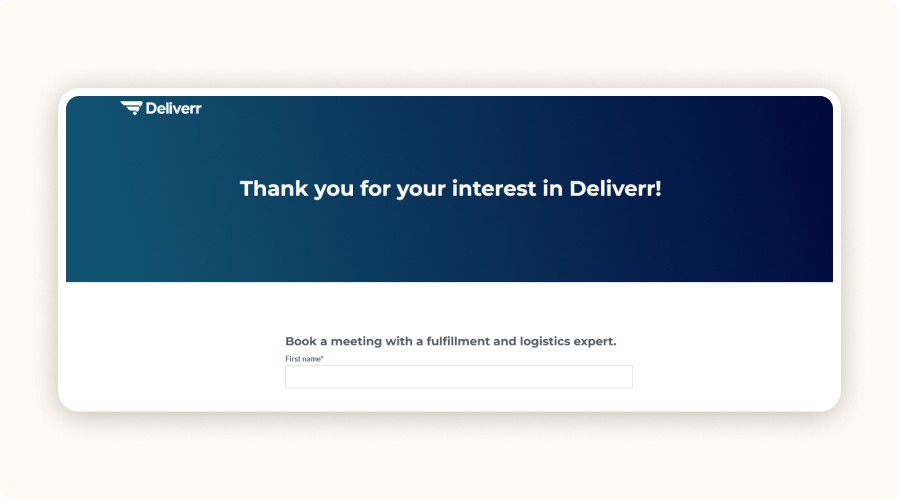 Deliverr homepage thanking the user for their interest, with a form to book a meeting with a logistics and order fulfillment expert.