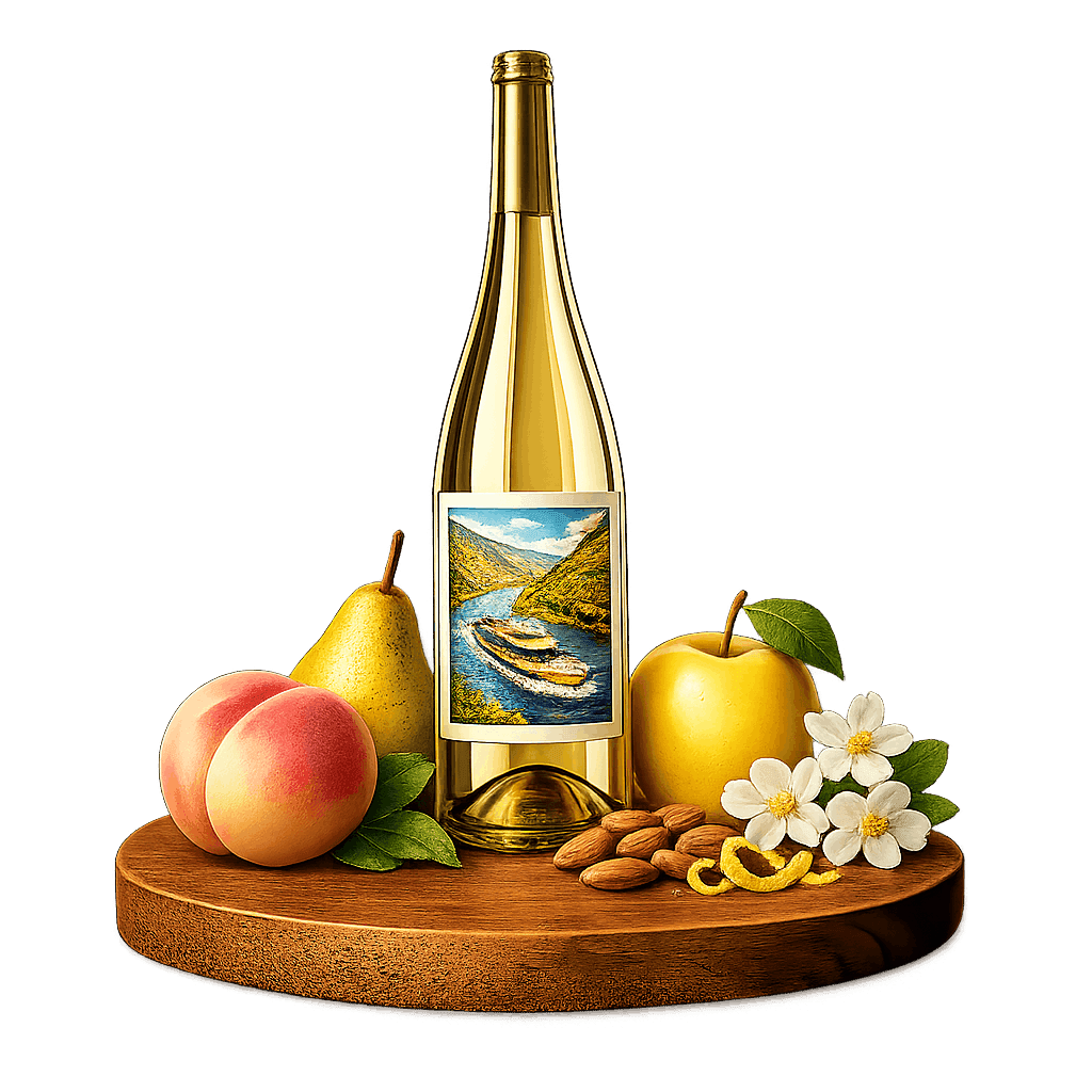 Artistic label and flavor profile for Moselle Pinot Blanc on a rustic wooden table.