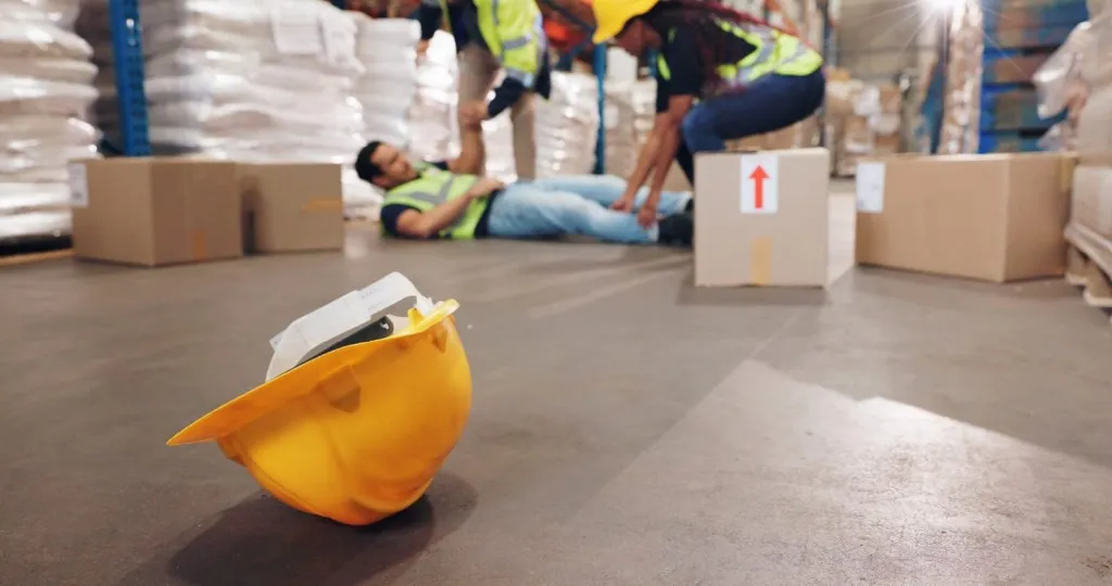 accidente laboral en almacén: hombre tendido cerca de un ataúd - lesión en el trabajo