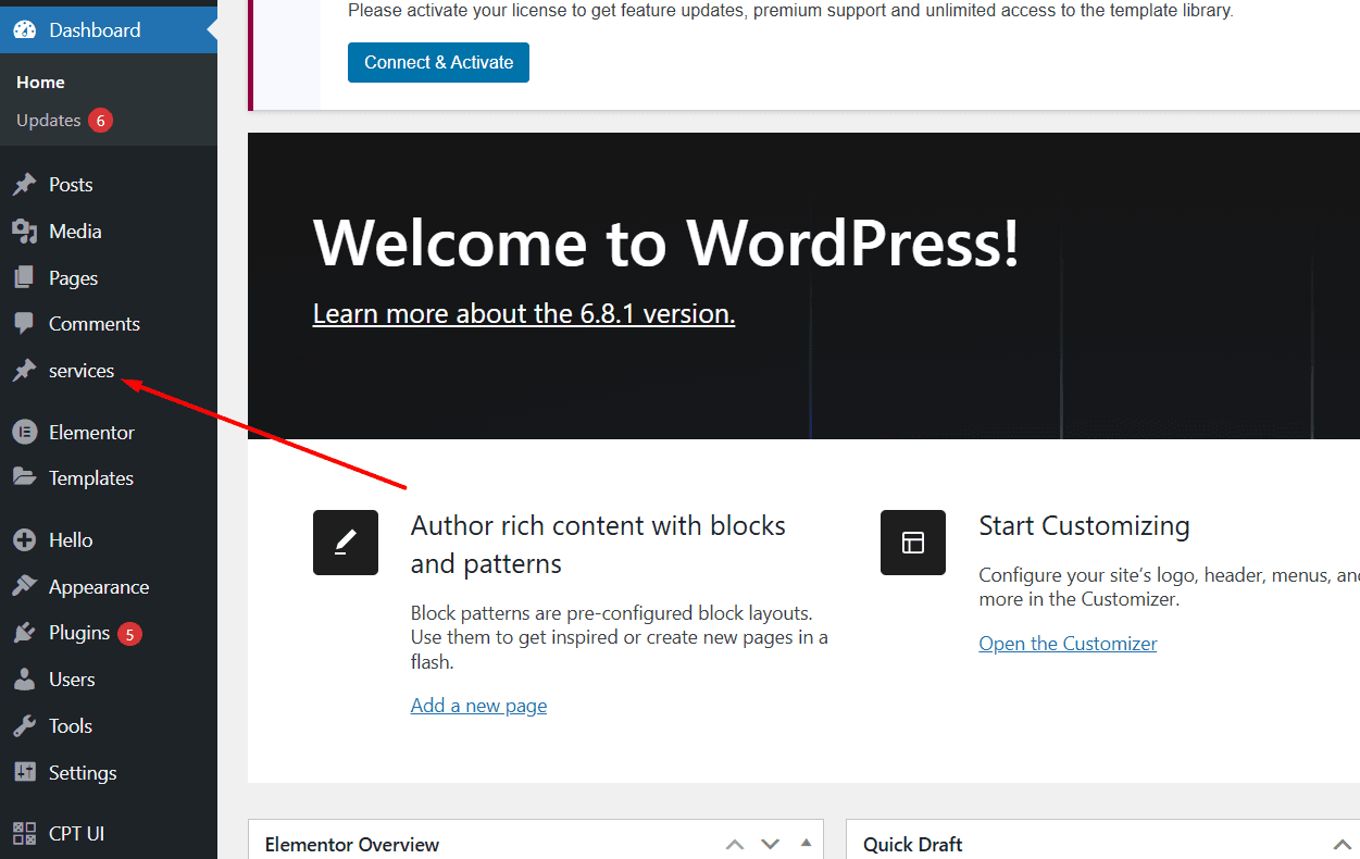 WordPress dashboard showing 'Services' custom post type in admin menu