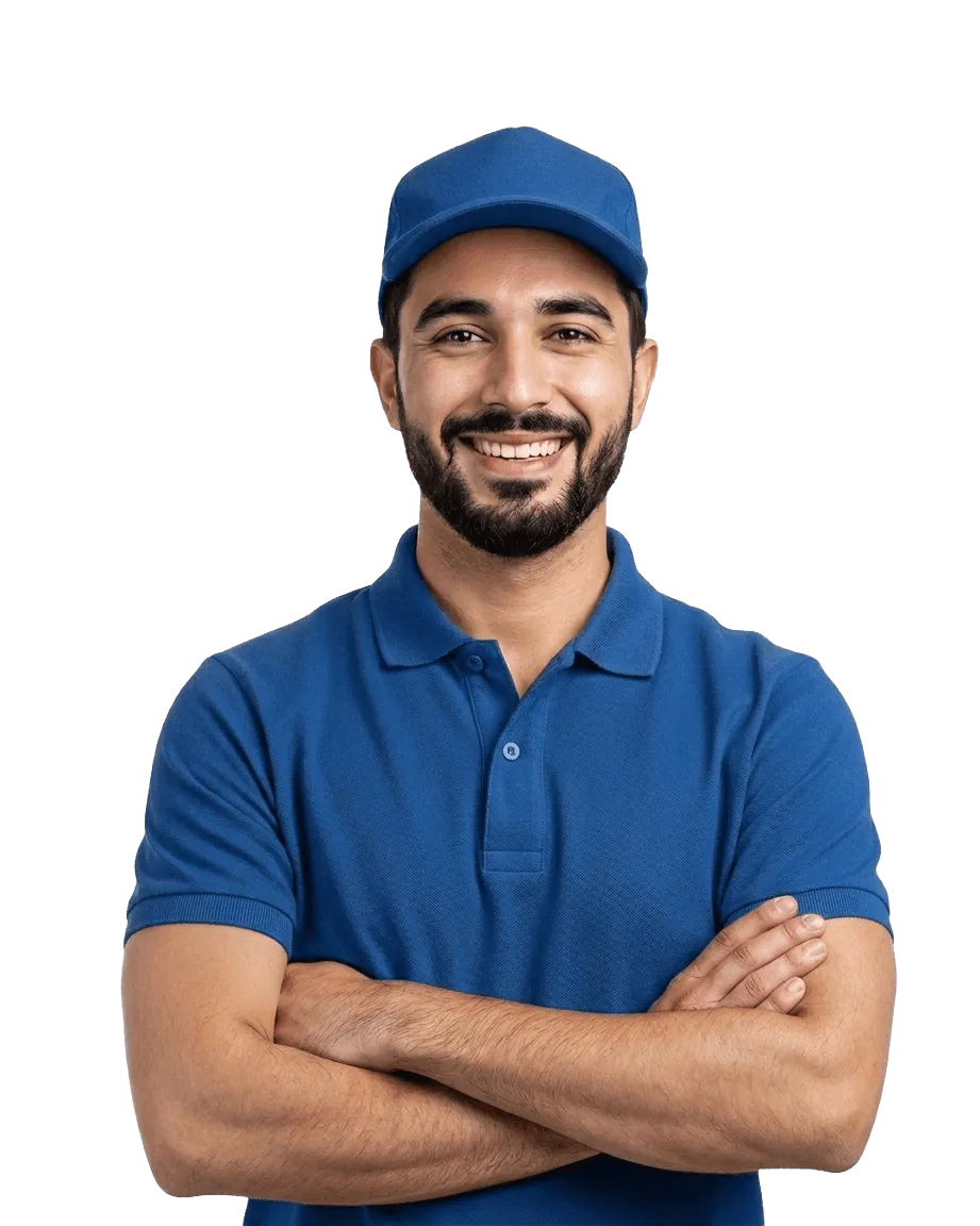 livreur en uniforme bleu souriant avec casquette, bras croisés