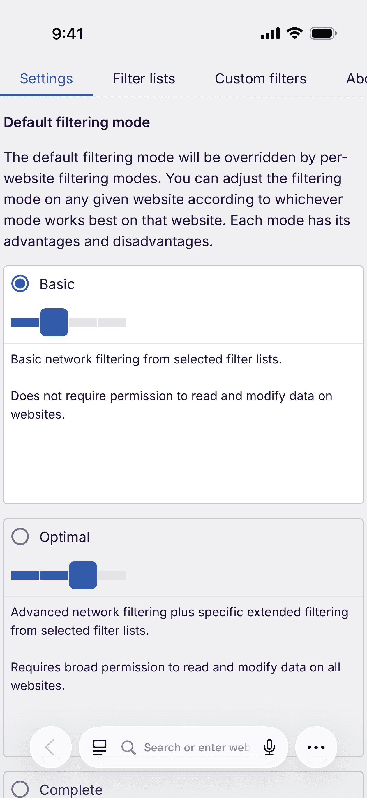 uBlock Origin Lite settings page in Safari