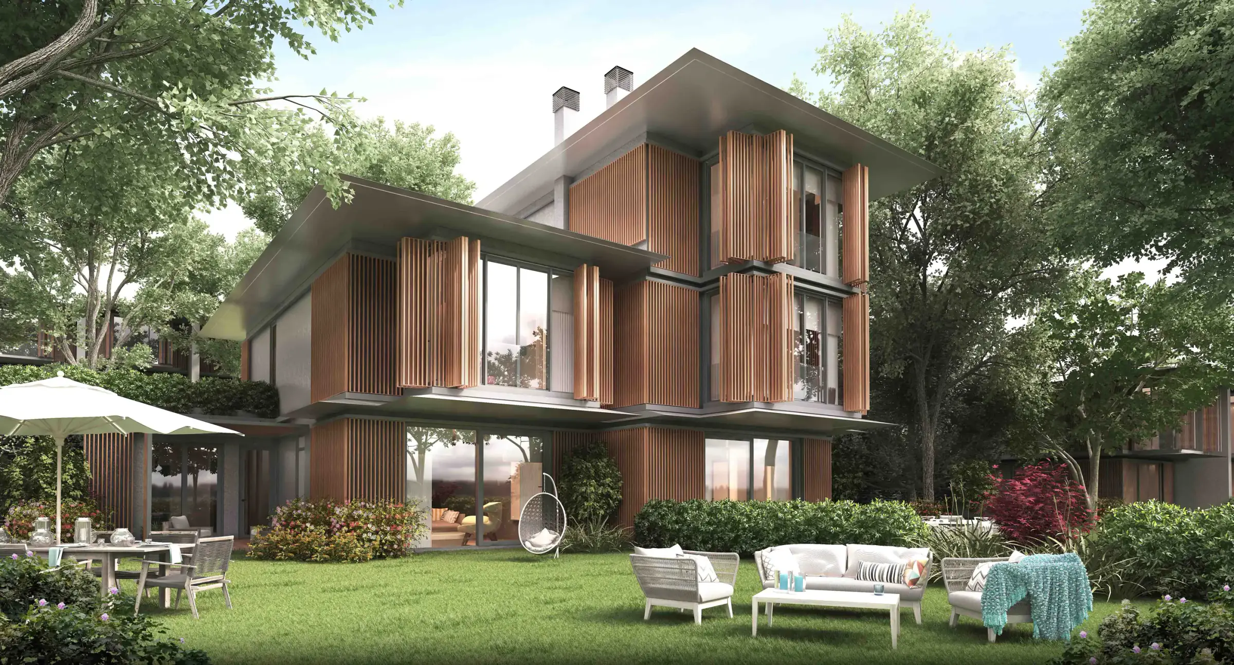 Ahşap çıtalı cepheli ev ve bahçe mobilyaları