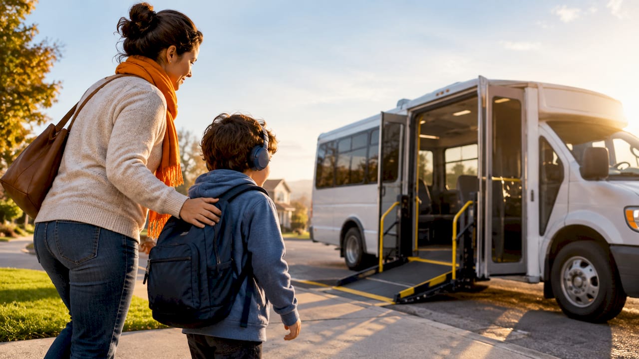 Caregiver helping a child board an accessible shuttle bus