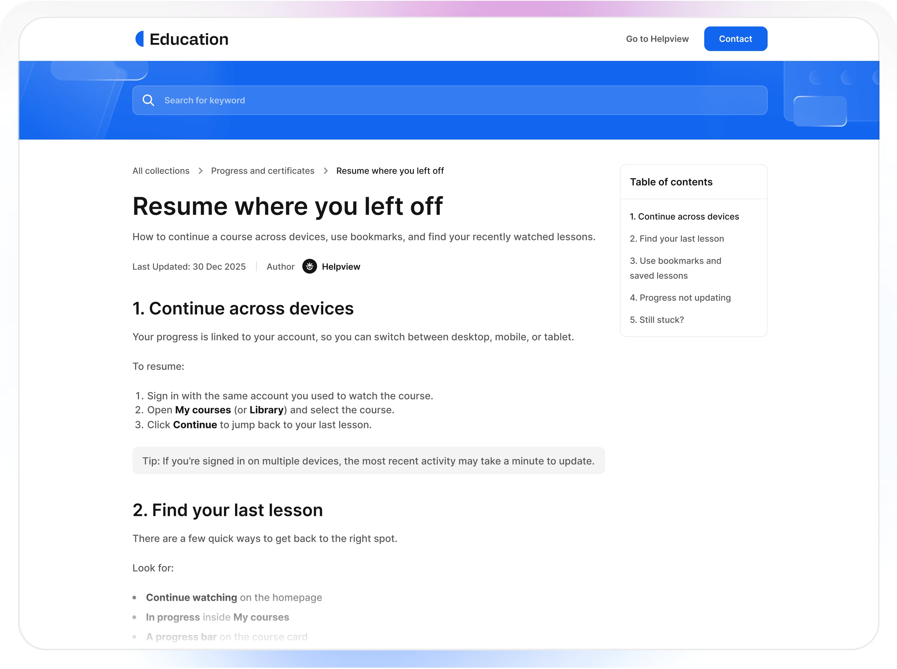 Online course help center article about resuming lessons and continuing course progress.