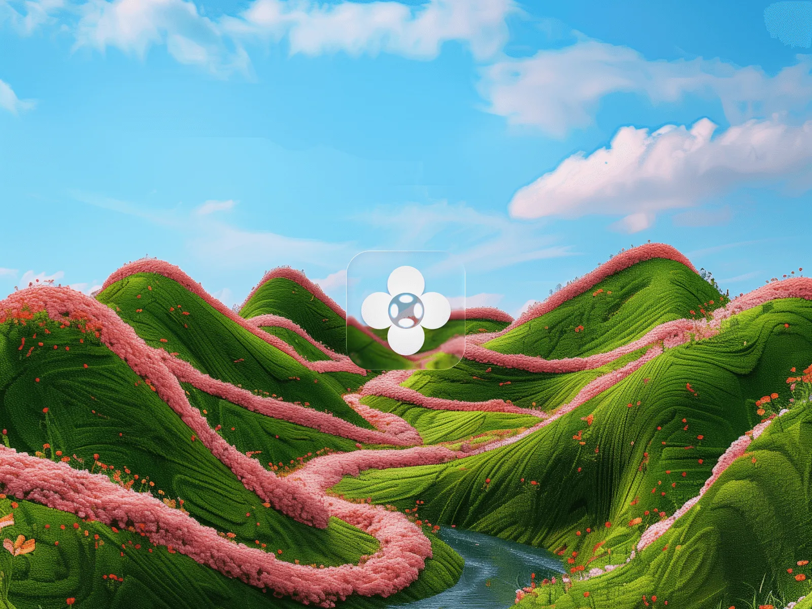 A vibrant landscape with rolling green hills, a winding path, and a bright blue sky dotted with fluffy clouds.