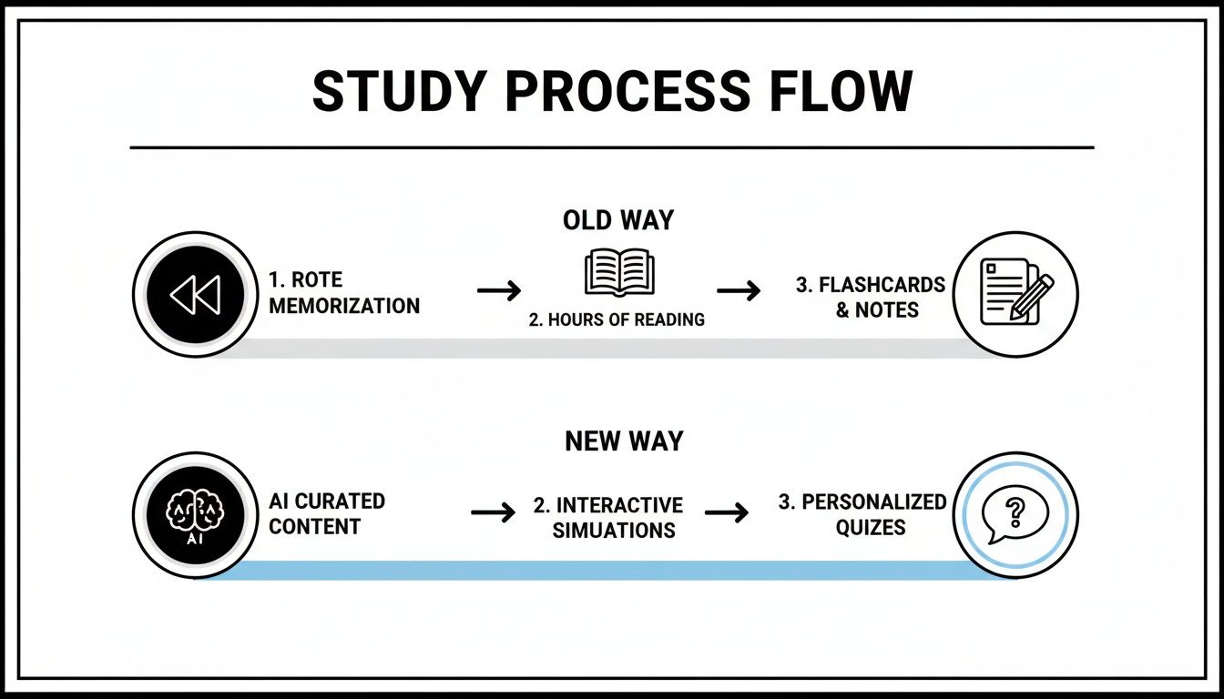 Flowchart illustrating two study processes: traditional rote memorization vs. modern AI-driven interactive learning.