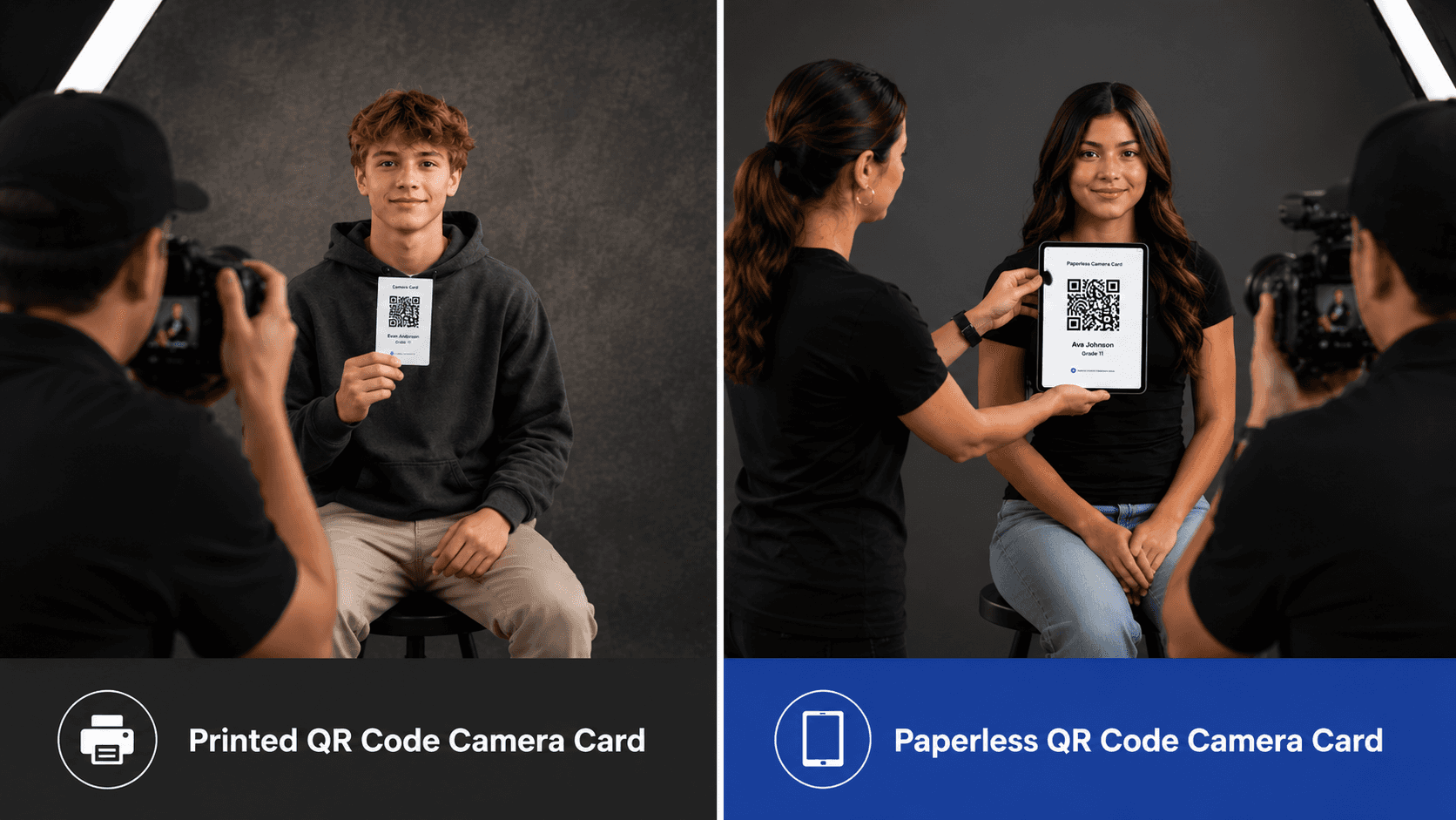 Split-screen comparison of school photography workflows showing a high school student holding a printed QR code camera card on the left and a photography assistant holding an iPad with a paperless QR code camera card beneath a student's chin on the right while photographers capture keyframe images in a professional studio setting.