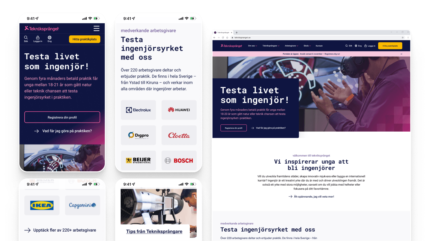 Screenshots of the new design for Tekniksprånget.