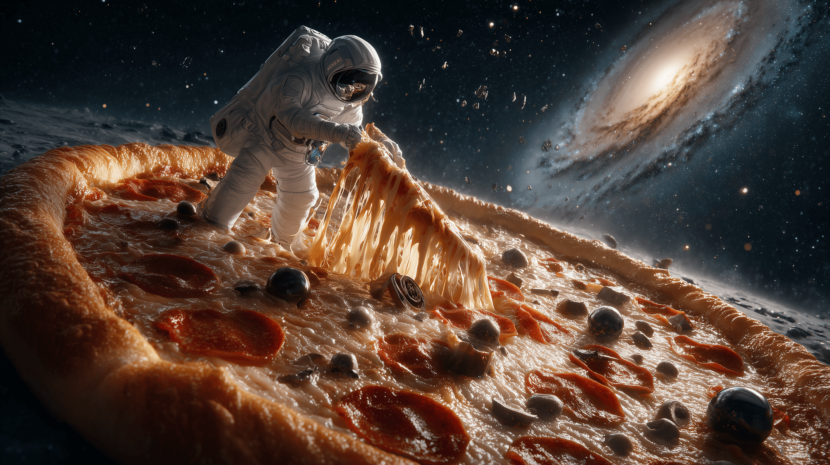 Astronaut on a giant pizza in space.