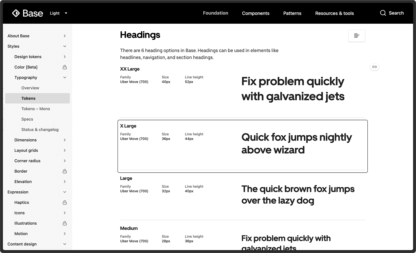 Tabela de tamanhos usados pela Uber