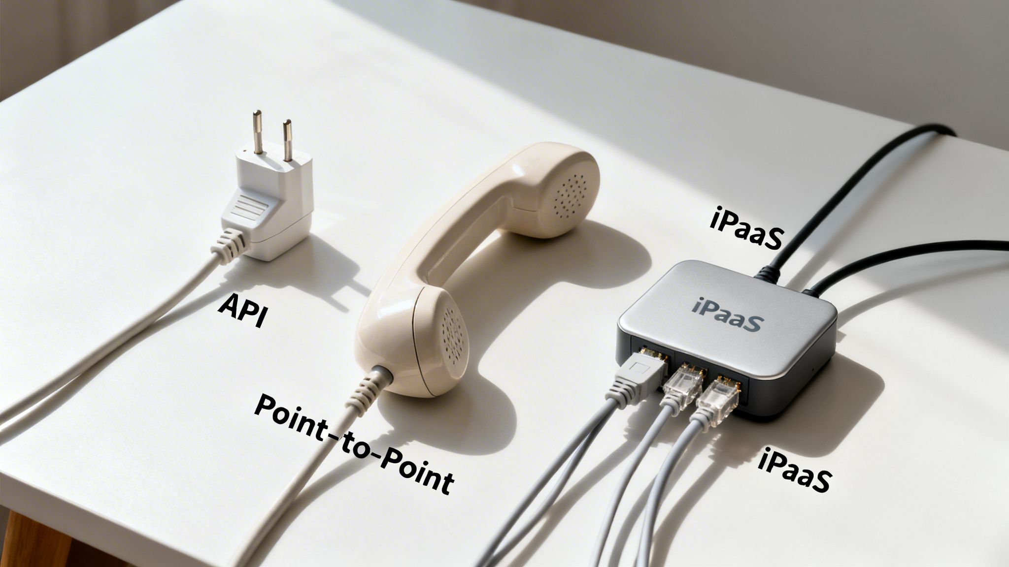 An analogy demonstrating API, Point-to-Point, and iPaaS integration methods with plugs and cables.