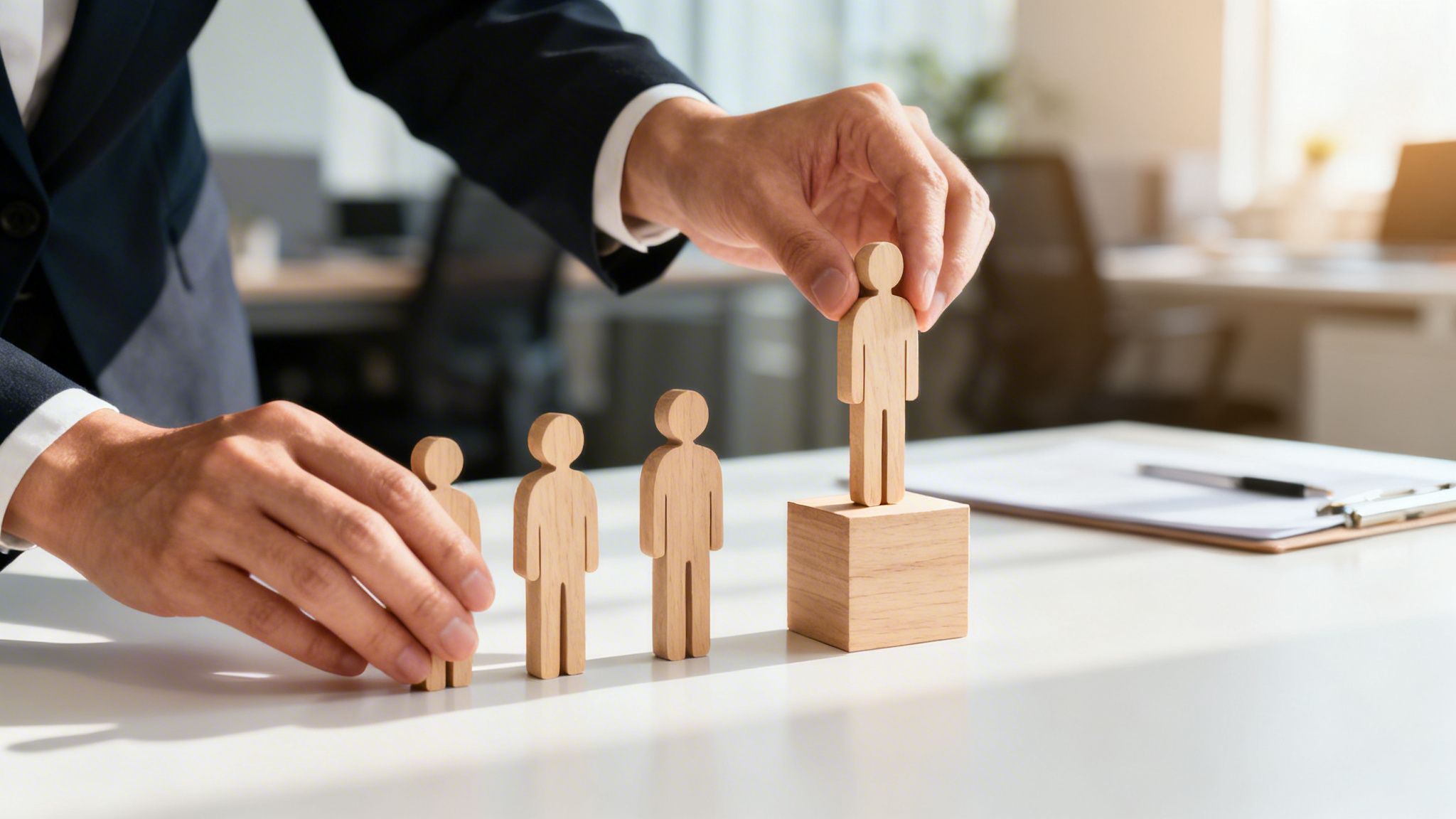 Manos de un empresario moviendo figuras de madera en una mesa blanca, simbolizando la selección de personal.