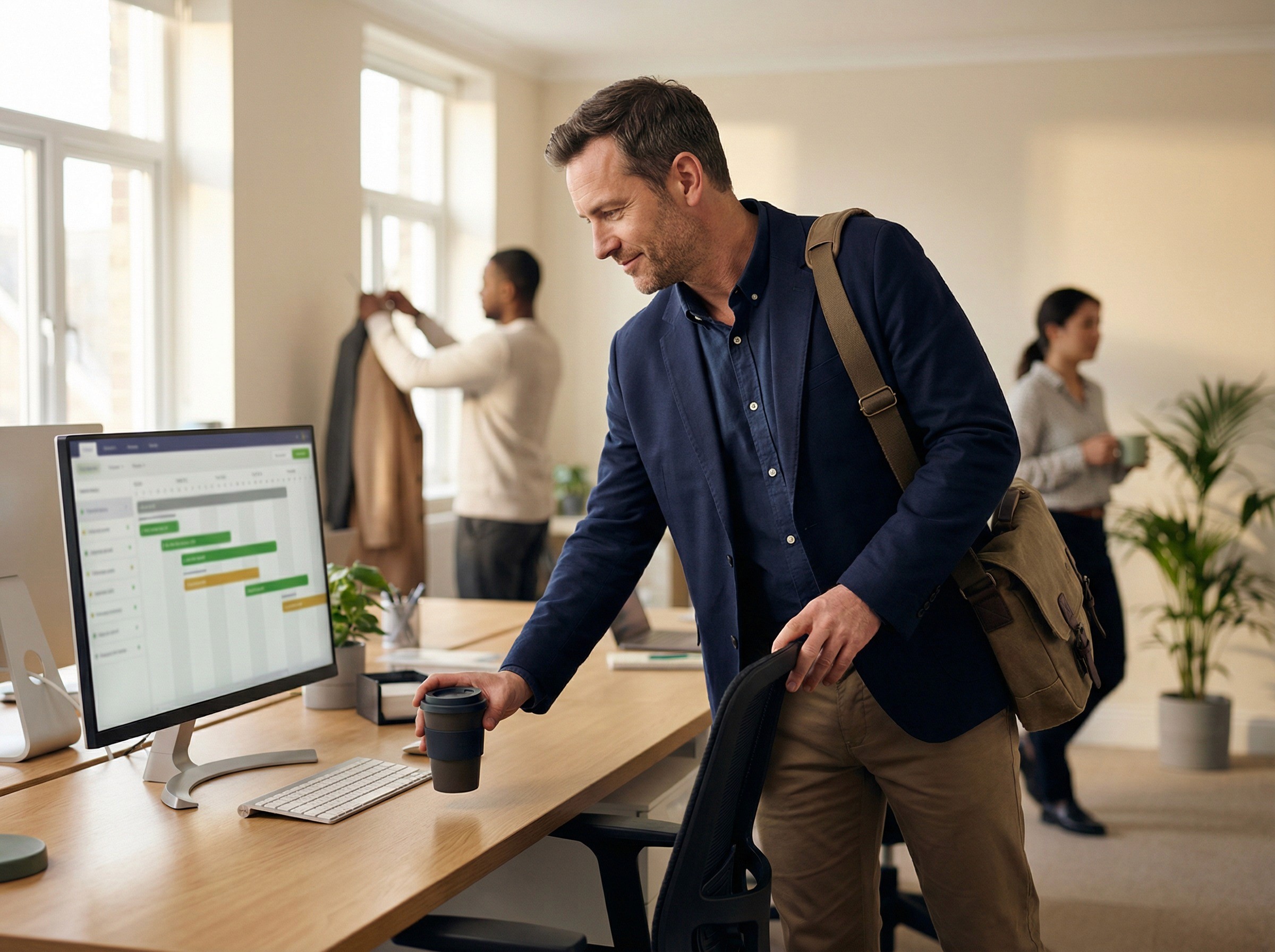 A WHS manager in his early 40s arriving at his desk on a Monday morning in a mid-sized open-plan office. He is still standing, one hand on the back of his chair, the other setting down a keep cup, glancing at his monitor with a relaxed expression of confirmation — the look of someone checking that a system continued running over the weekend without him. The monitor shows a timeline-style interface with rows of green and amber indicators, visible in structure but not legible. His bag is still on his shoulder. He has not sat down yet.