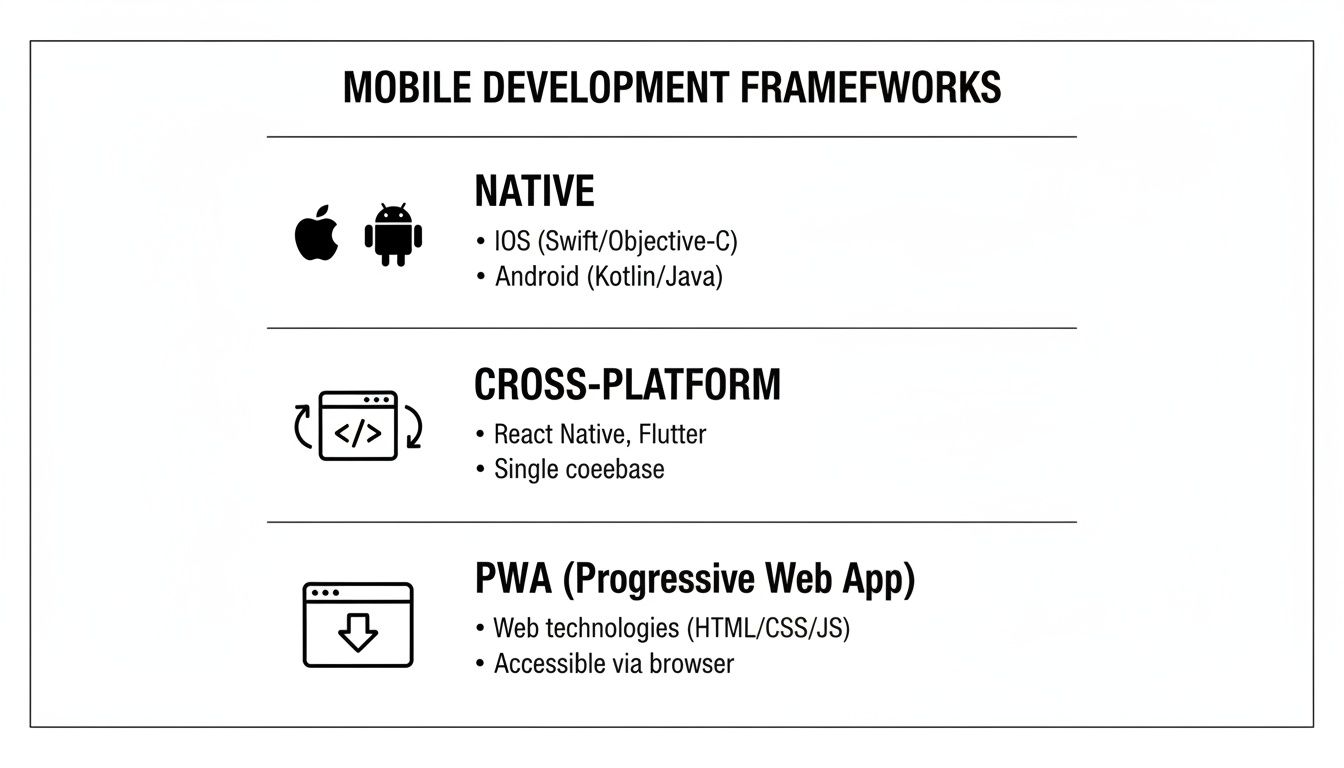 Diagram showing mobile development frameworks: Native, Cross-Platform, and Progressive Web App (PWA).