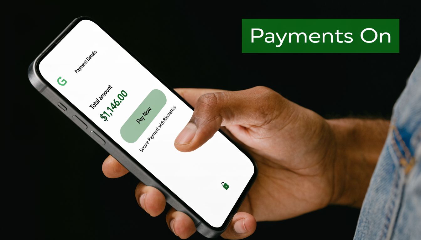 A hand holds a smartphone displaying a secure mobile payment interface with a total amount of $1,146.00.