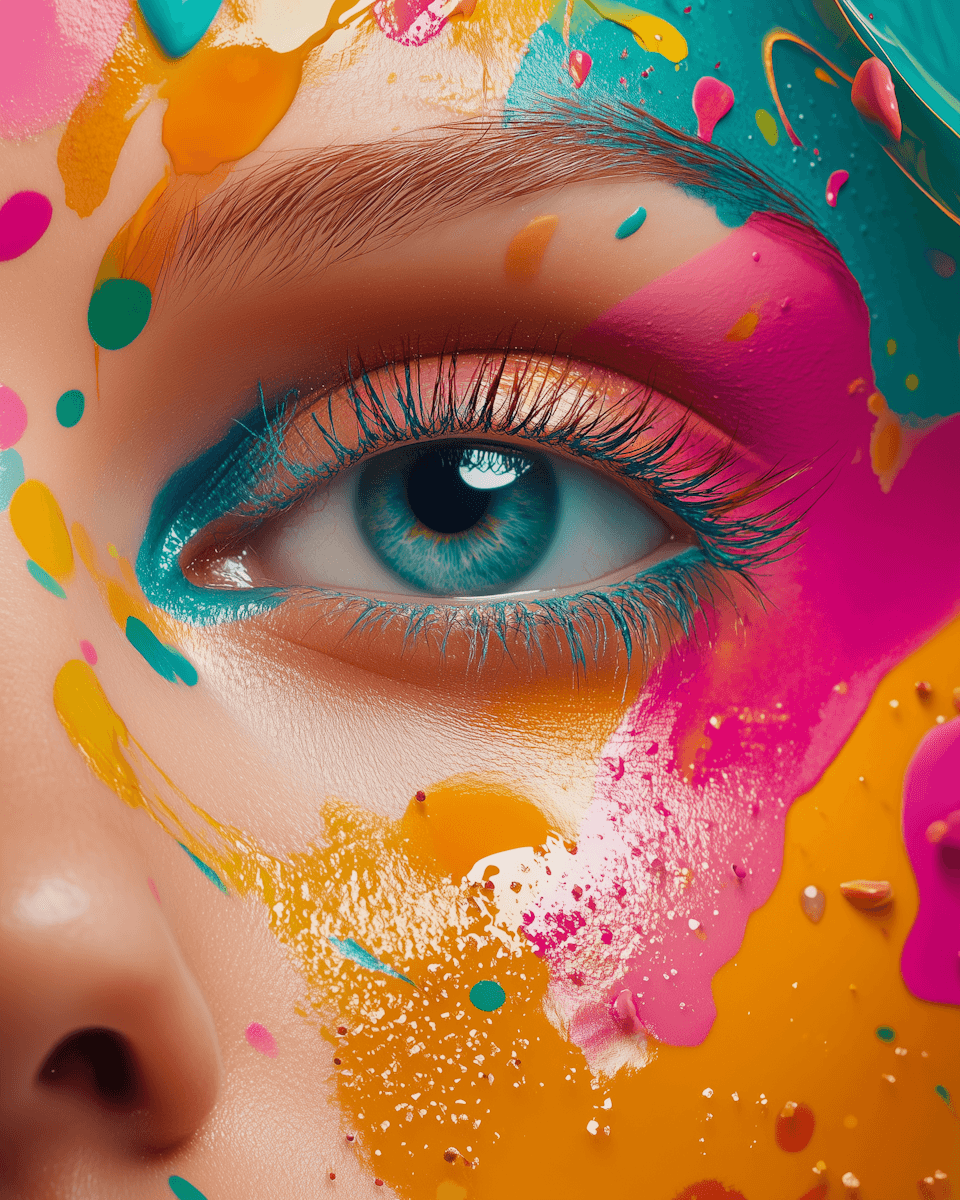 Close-up of an eye adorned with vibrant paint splashes in pink, orange, and teal, creating an artistic effect.