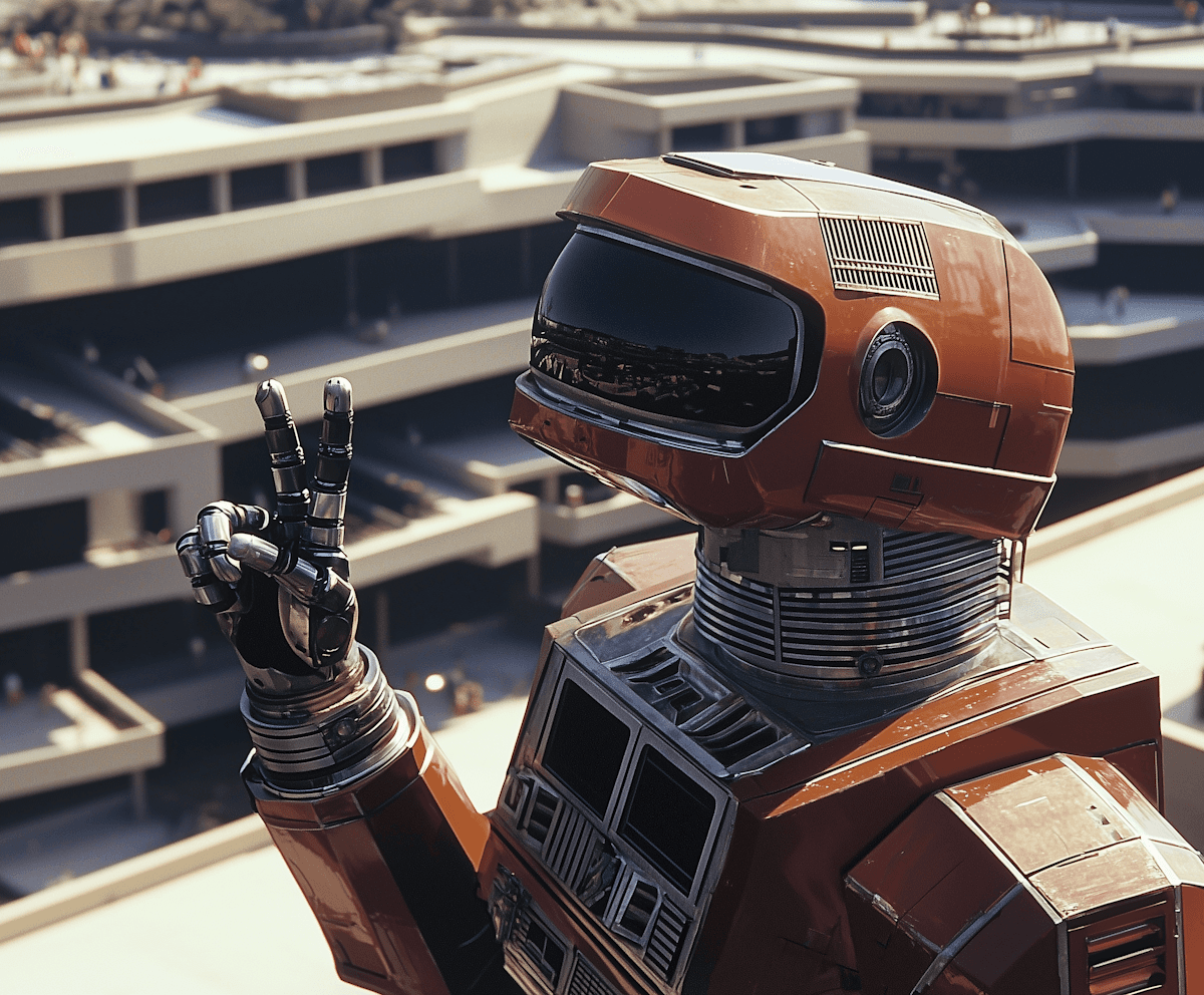 A robotic character with an orange design stands holding a tool, set against a backdrop of industrial structures.
