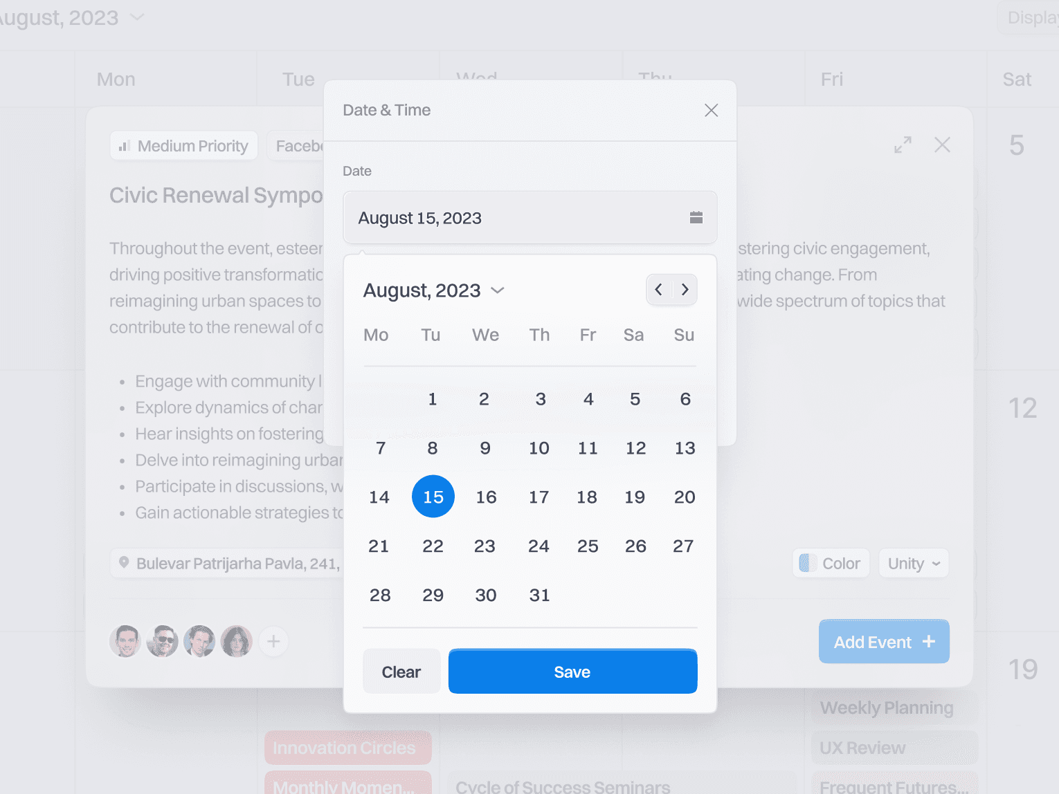 planbeacon event creation ui date selection