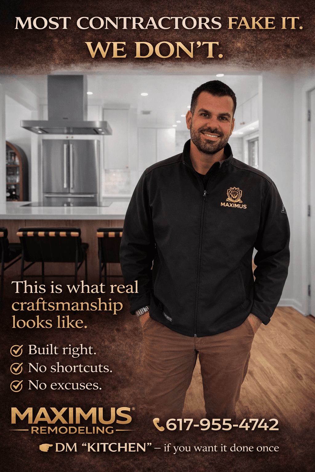 Maximus Remodeling founder standing in a newly renovated kitchen promoting quality craftsmanship.