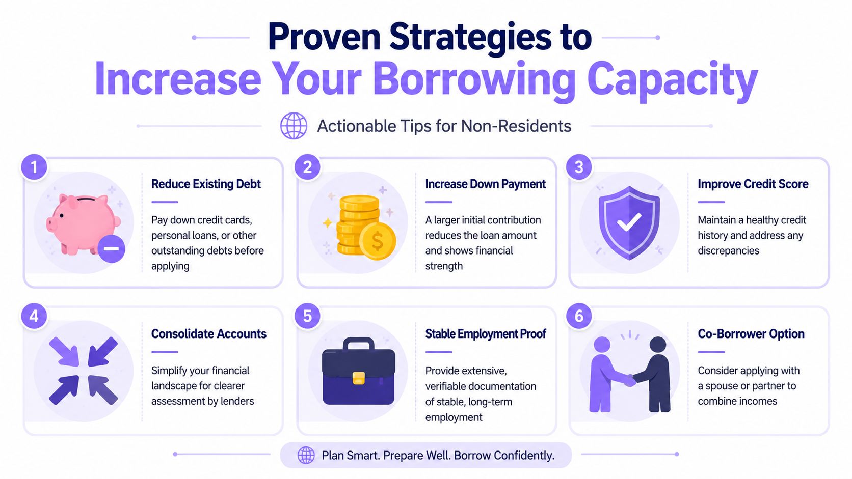 A visual guide outlining six proven strategies for non-residents to increase their mortgage borrowing capacity effectively.