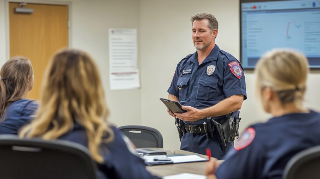 A police officer leads a training session in a classroom setting, highlighting the importance of sleep health for first responders' performance and safety during high-stress situations.