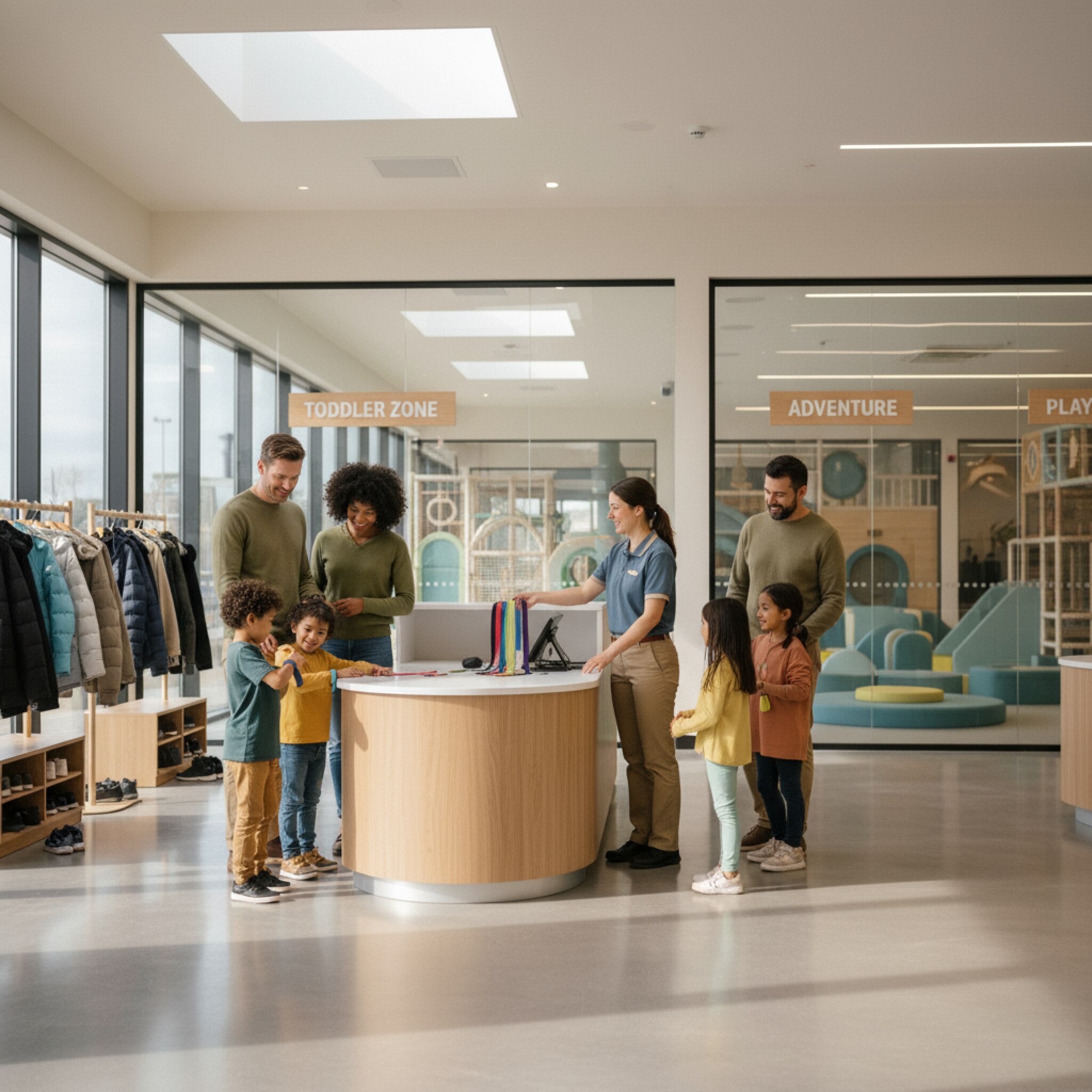 Im Foyer begrüßt eine Mitarbeiterin Familien freundlich und reicht farbige Bänder über den Tresen. Kinder streifen sie sich gespannt über, während die Garderobe ordentlich bestückt ist. Durch eine Glasfront ist der Spielbereich sichtbar, die Atmosphäre ist hell und ruhig geordnet.