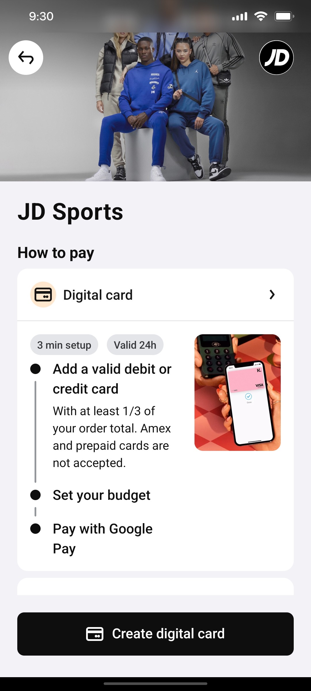 Klarna  Create Digital Card page Screen