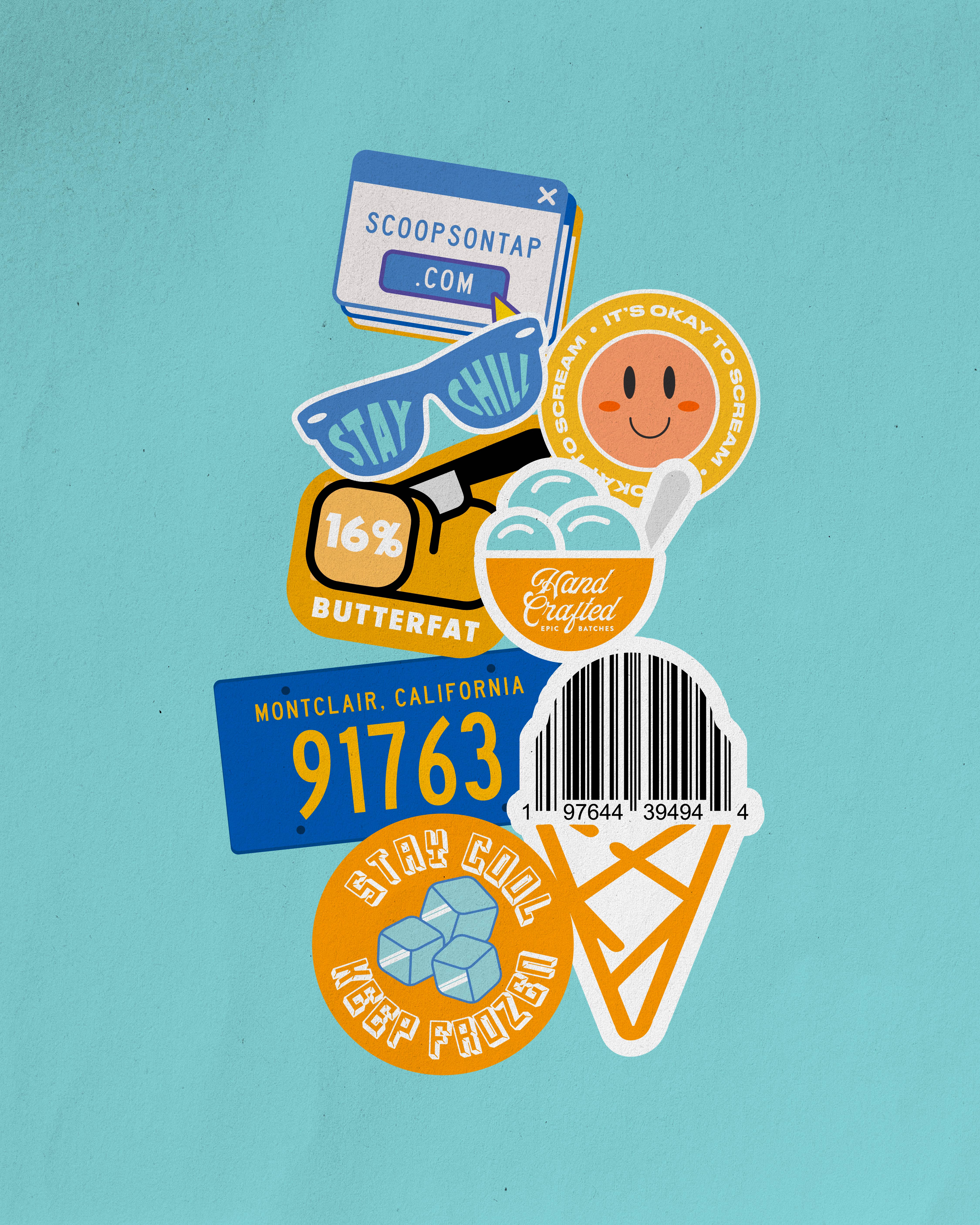 Scoops On Tap illustrated sticker sheet with icons and product labels