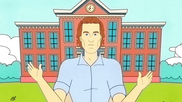 Animated speaker standing in front of a school building representing community grant support