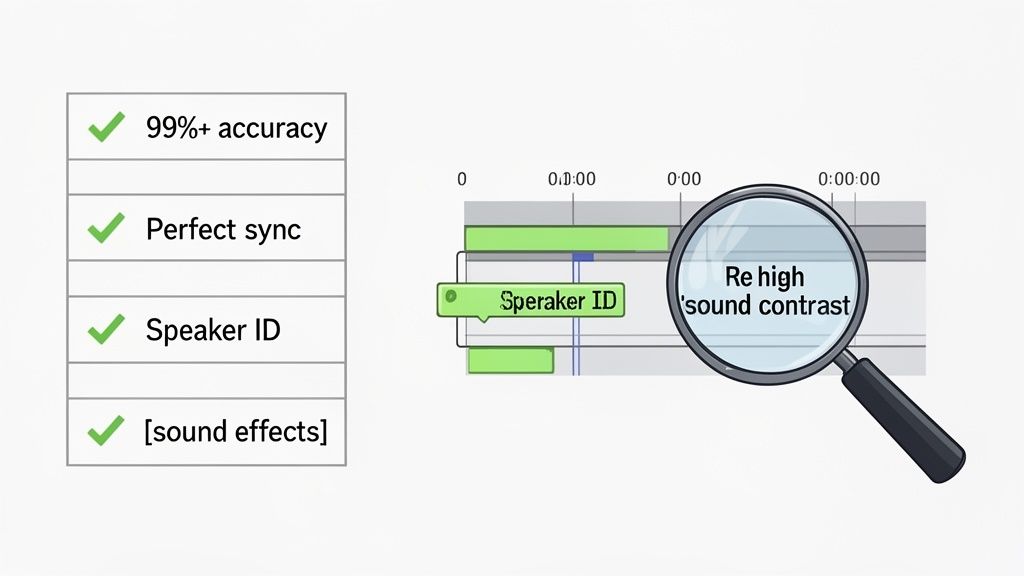 A checklist of audio features like 99%+ accuracy and speaker identification, next to a timeline with a magnifying glass.