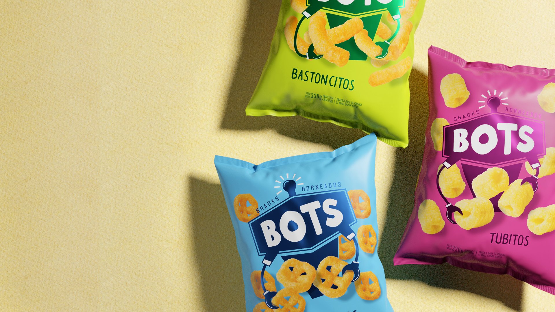 Three colorful snack bags lie on a light yellow surface. The green, blue, and pink bags feature the brand "BOTS" and images of crunchy snacks, conveying a playful tone.