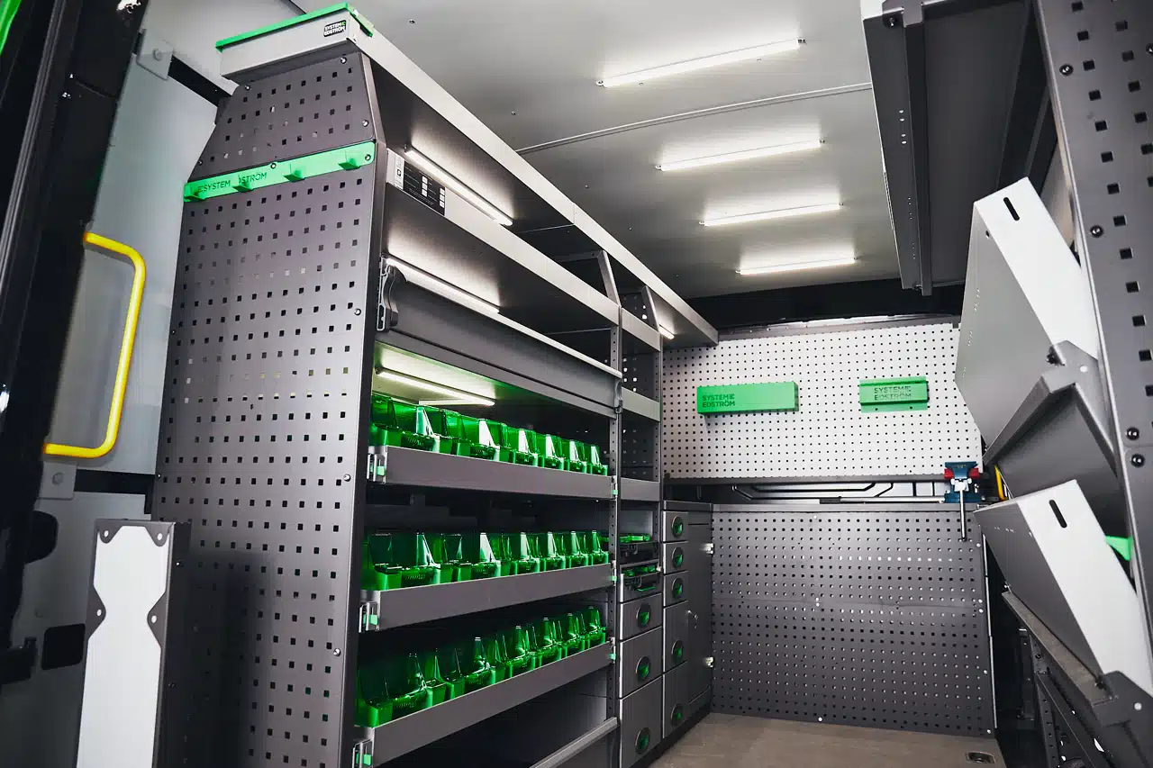 Commercial van interior with racking and storage