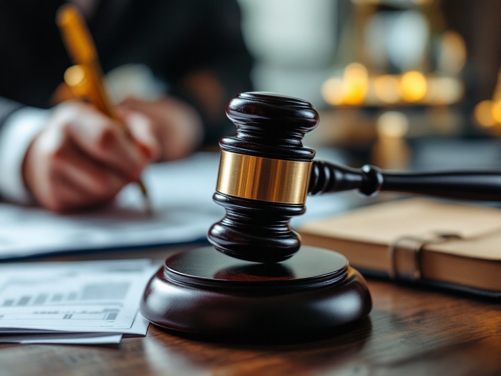 A gavel on a table with a person signing documents in the background