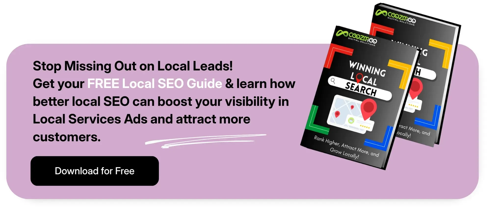 A call-to-action of Coozmoo's Local SEO Guide ebook