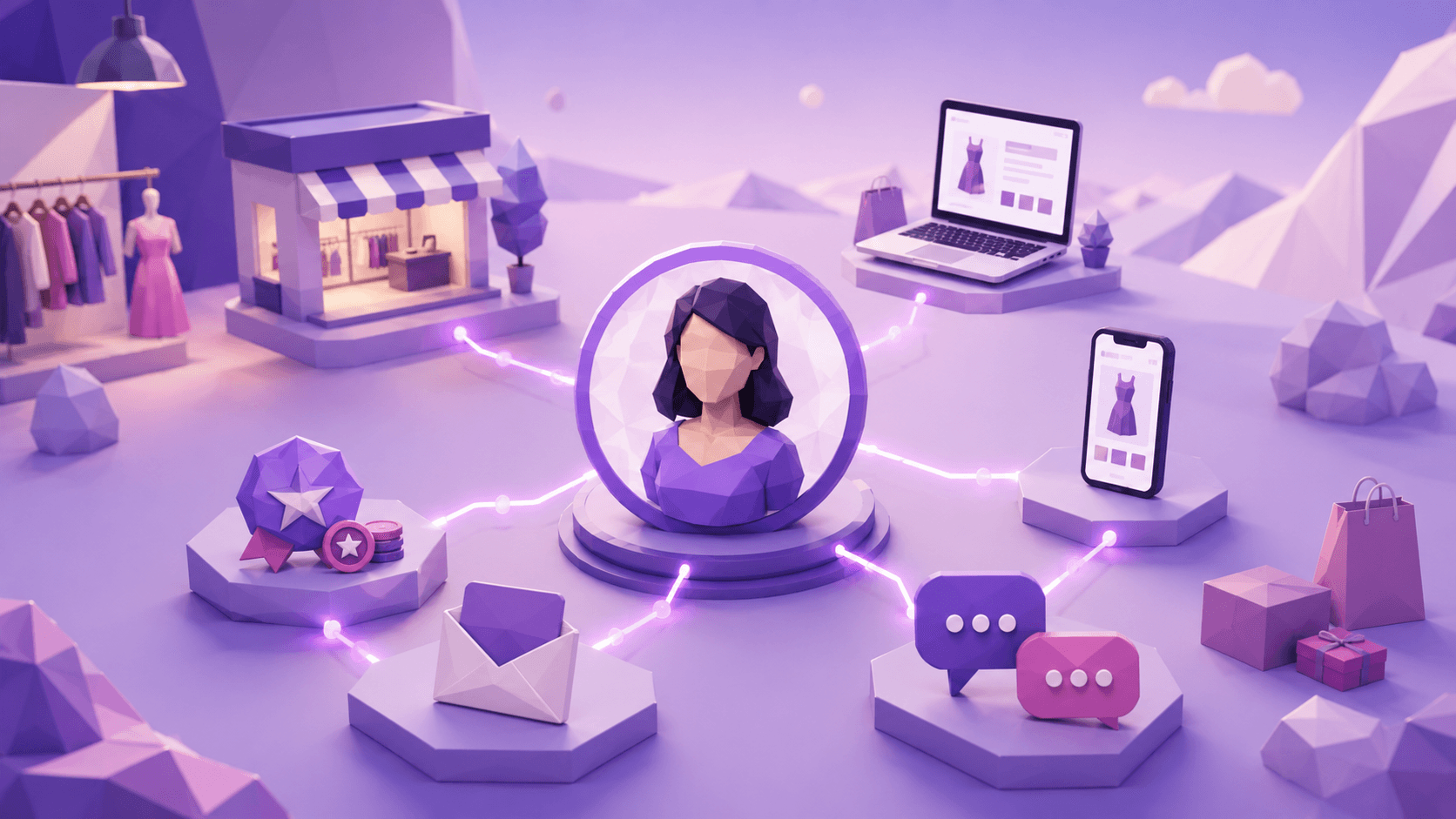 Low-poly 3D customer profile hub connecting POS, ecommerce, mobile, email, and loyalty channels in a purple and lavender palette