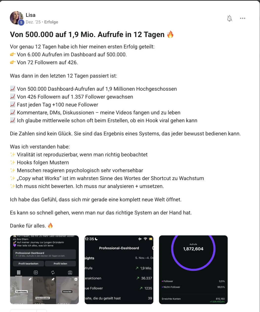 Mitglied der KI Creator Akademie: Lisa steigert Aufrufe auf 1,9 Mio. und Follower auf 1.357 in 12 Tagen