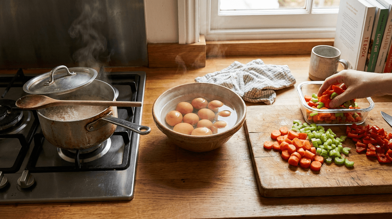 meal prep for beginners with rice, hard-boiled eggs, and chopped vegetables on kitchen counter
