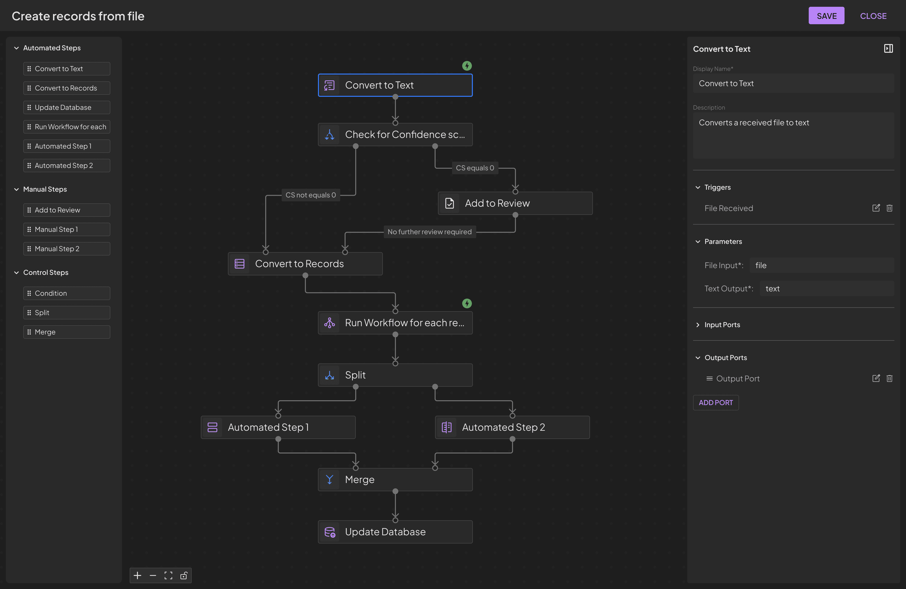 Workflow builder with ‘Convert to Text’ step selected and settings on right