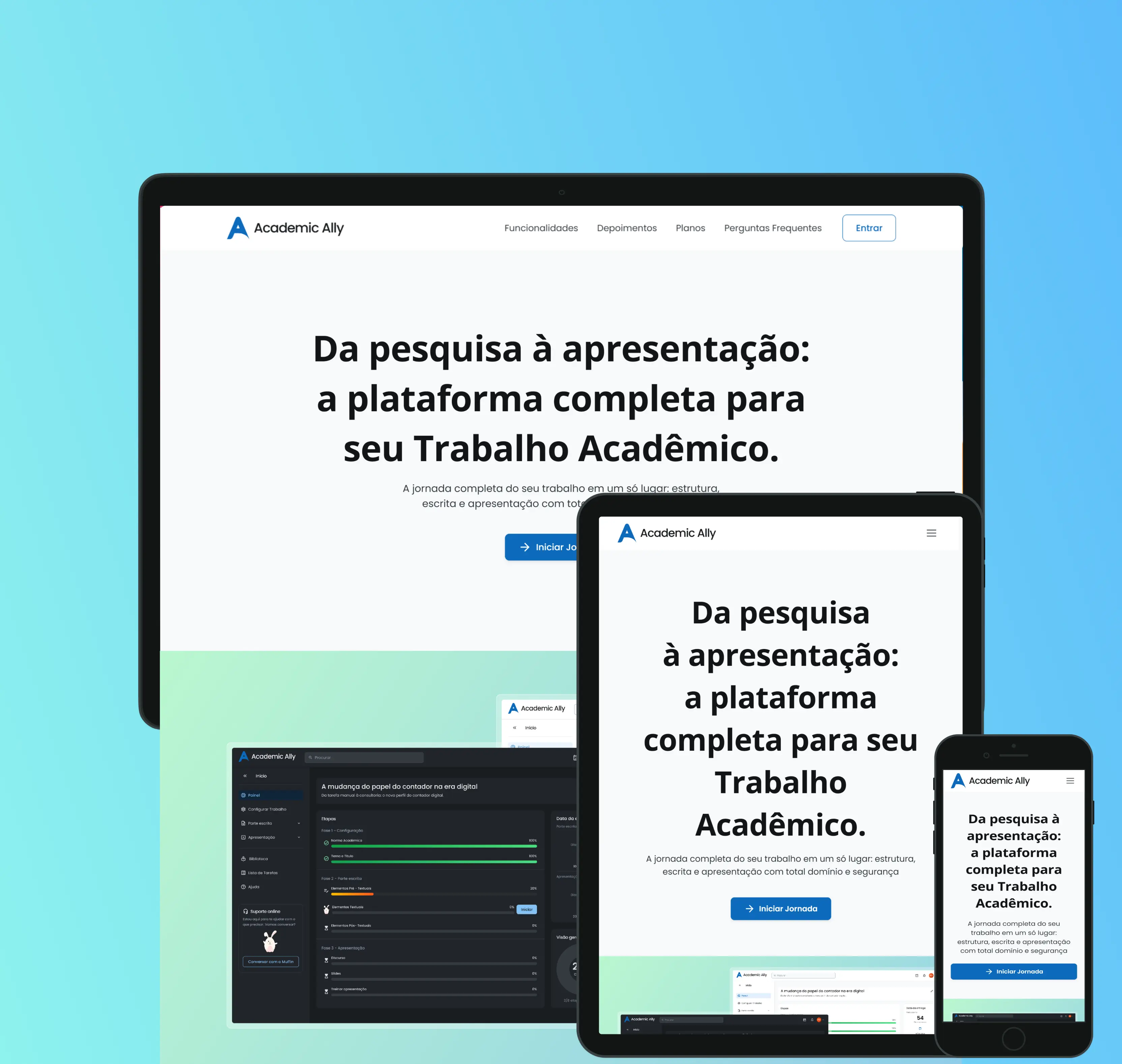 Mockup responsivo da plataforma Academio Ally, exibindo a interface em dispositivos desktop, tablet e smartphone.