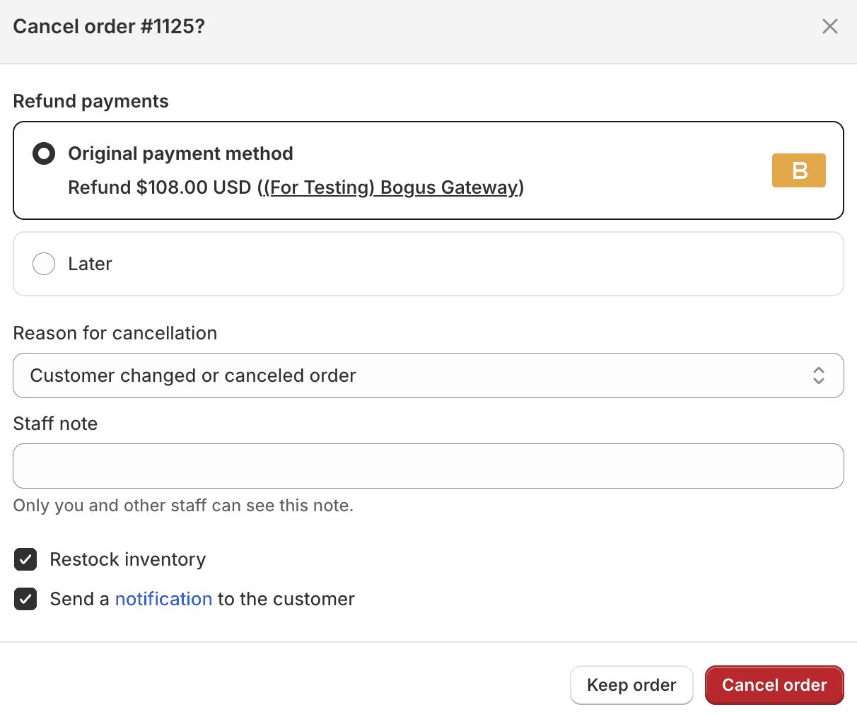 Cancel order screen in Shopify Order Admin