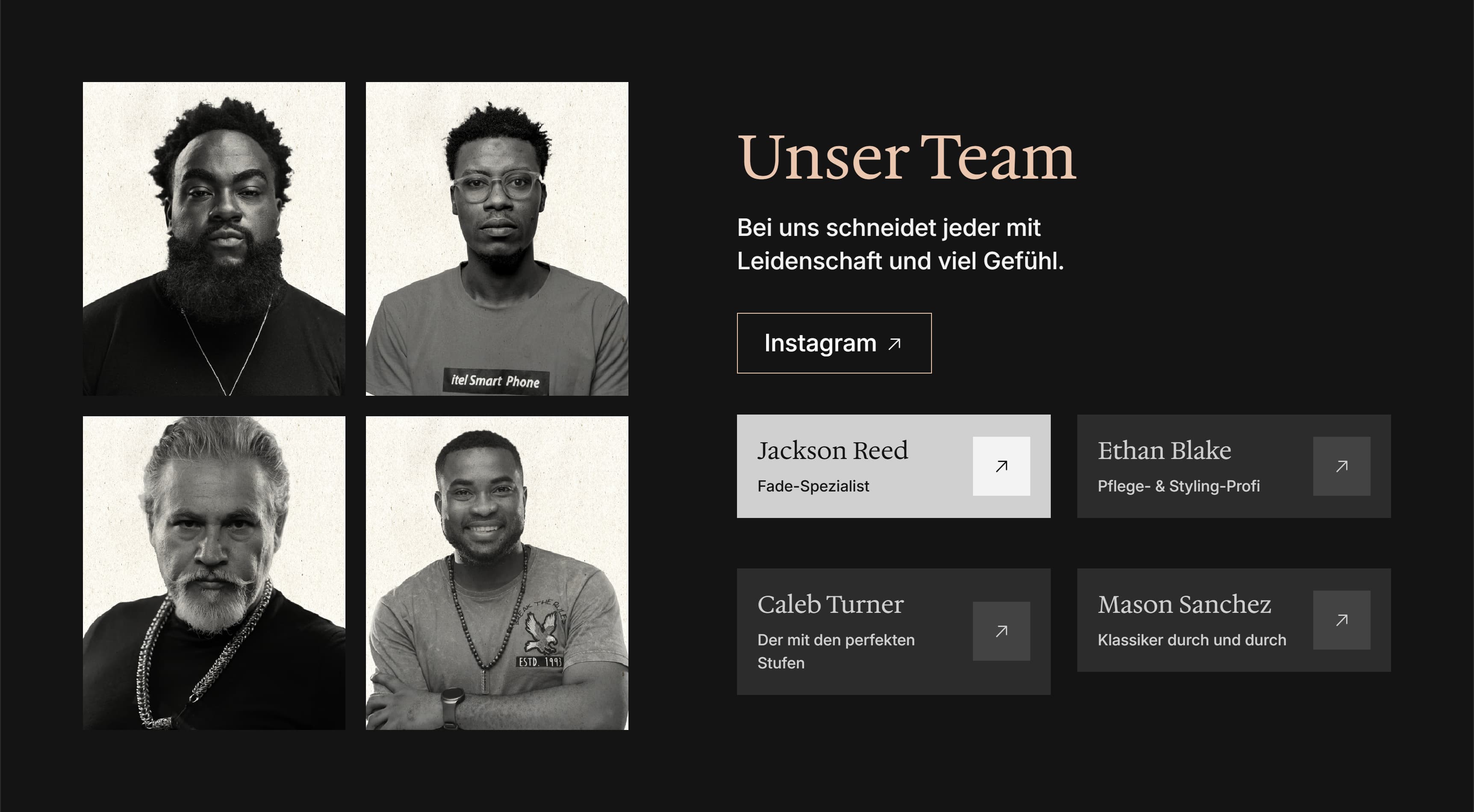 Die Sektion einer Salon-Website - man sieht die 4 Friseure, die den Kunden die Haare schneiden