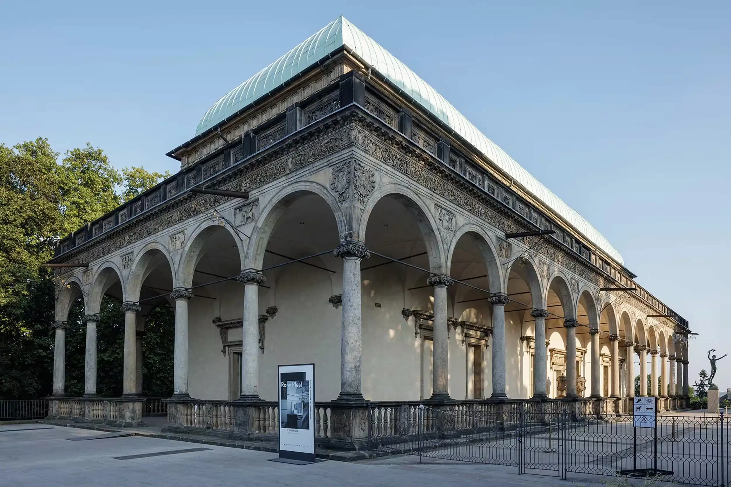 Exterior view of Queen Anne’s Summer Palace with exhibition display by Jiří Krejčiřík