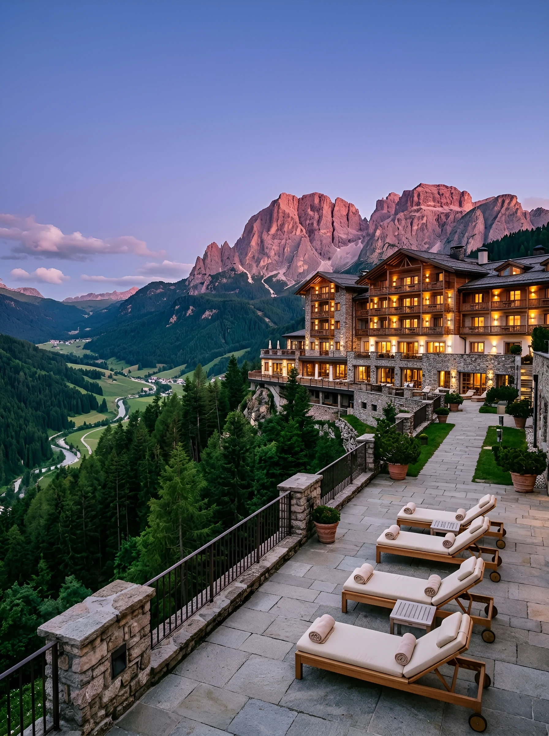 Timber mountain lodge terrace at sunset with empty chairs and snow-capped peaks
