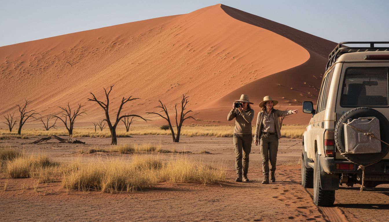Travelers at base of Namibian desert dune
