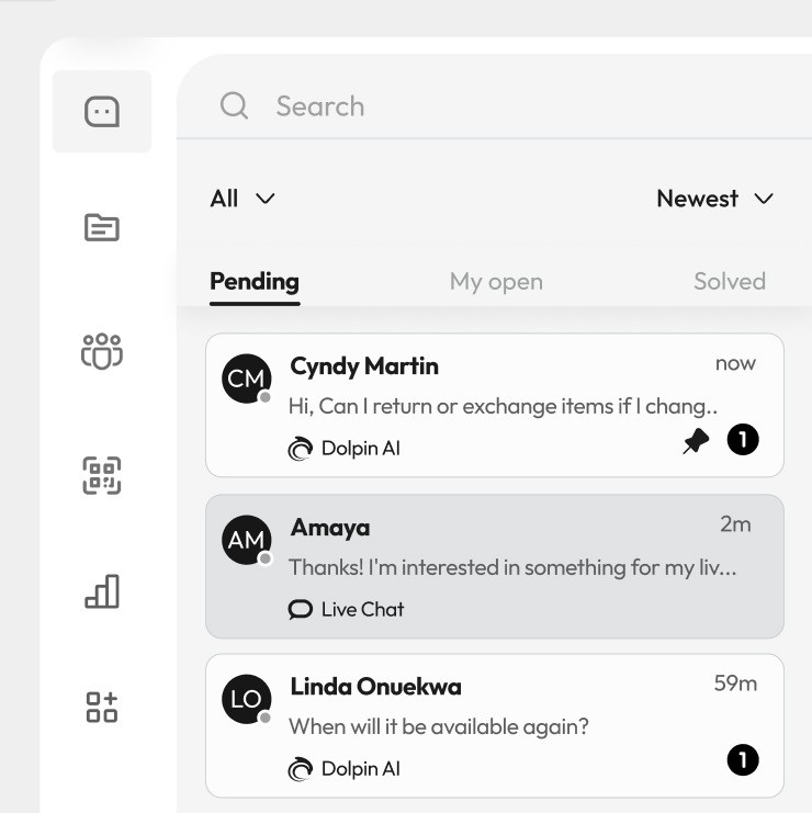 AskDolphin inbox showing pending conversations with customer names, message previews, and status indicators from AI and live chat.