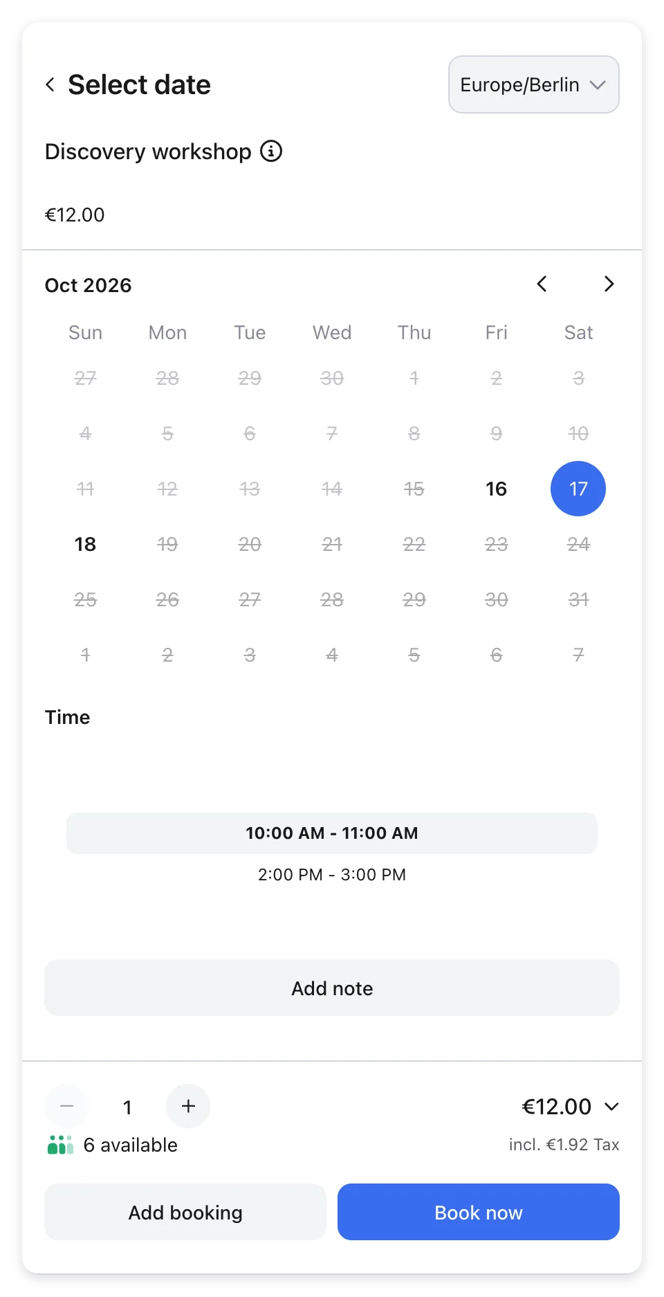 Complete discovery workshop booking panel with offer, date, time, capacity, price and booking action