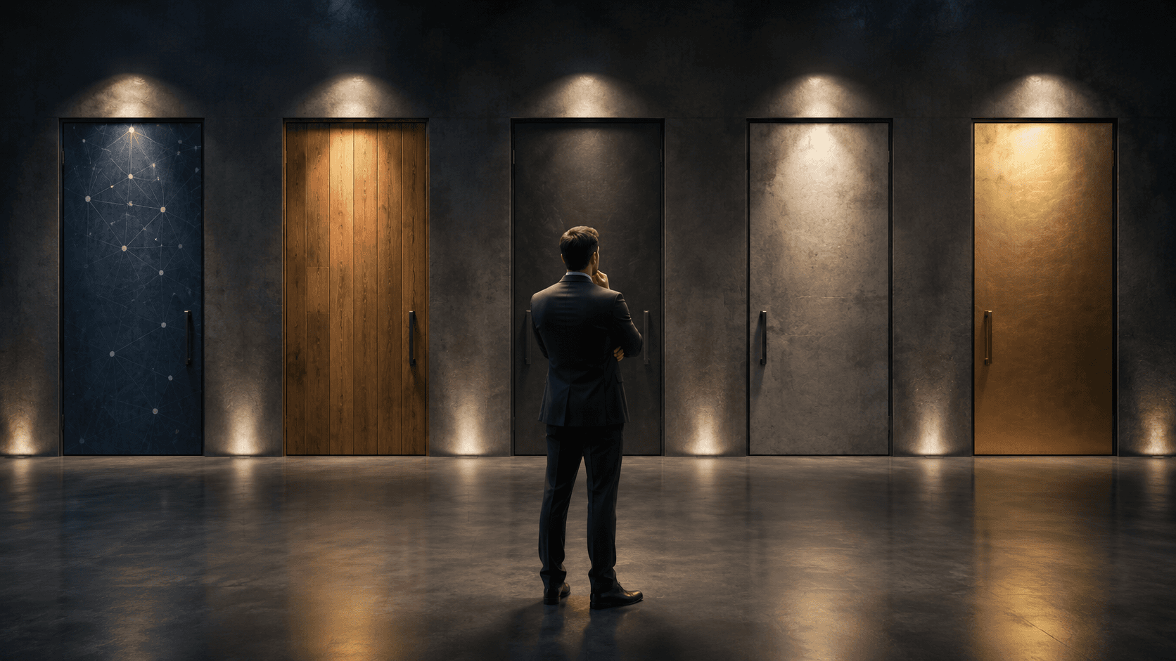 Renderização 3D realista de um executivo visto de costas em um ambiente corporativo moderno e sofisticado. À sua frente há cinco portas diferentes alinhadas lado a lado, cada uma com acabamento distinto, simbolizando escolhas estratégicas. O homem está parado no centro, observando as opções antes de tomar uma decisão. A iluminação é dramática e profissional, com reflexos no piso polido e atmosfera de planejamento, análise e tomada de decisão. Formato panorâmico 16:9.